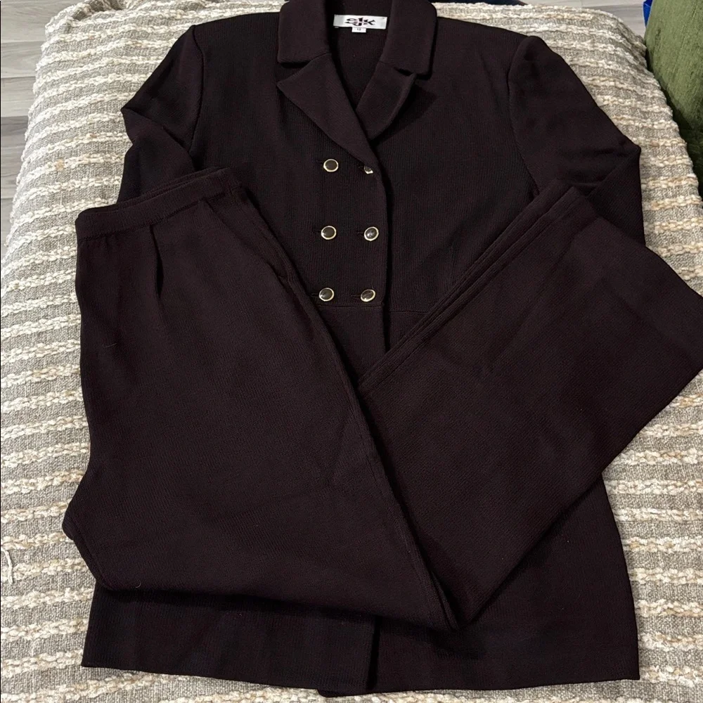 St John Dark Brown Santana Knit Women’s Double-Breasted Pants Suit Size 12